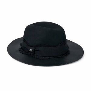 THE KOOPLES Black Felt Fedora Leather Brim Lace Ribbon Detail Hat